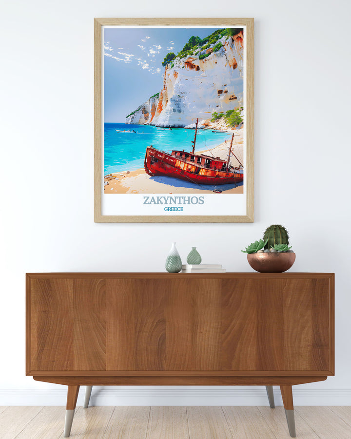 Navagio Beach Travel Poster offering a glimpse into the tranquil paradise of Zakynthos, paired with Zakynthos Town Print highlighting the islands rich history and vibrant atmosphere.