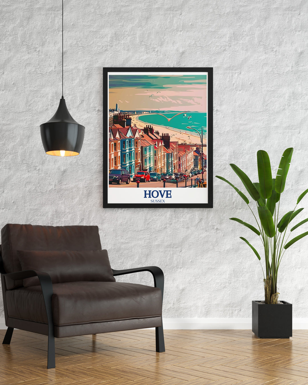 Hove artwork celebrating the harmonious blend of urban and coastal life, with a detailed view of George Street and the English Channel. A timeless piece for any art collection.