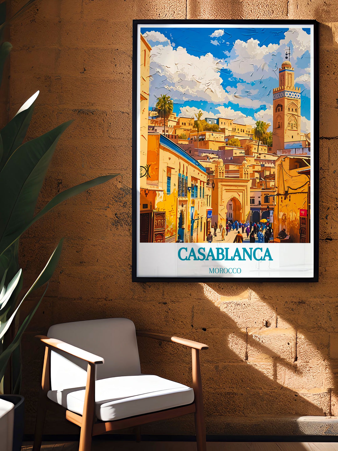 The captivating blend of traditional architecture and lively urban scenes in Casablanca and Old Medina is beautifully illustrated in this poster, making it a stunning addition to any wall art collection celebrating Morocco.