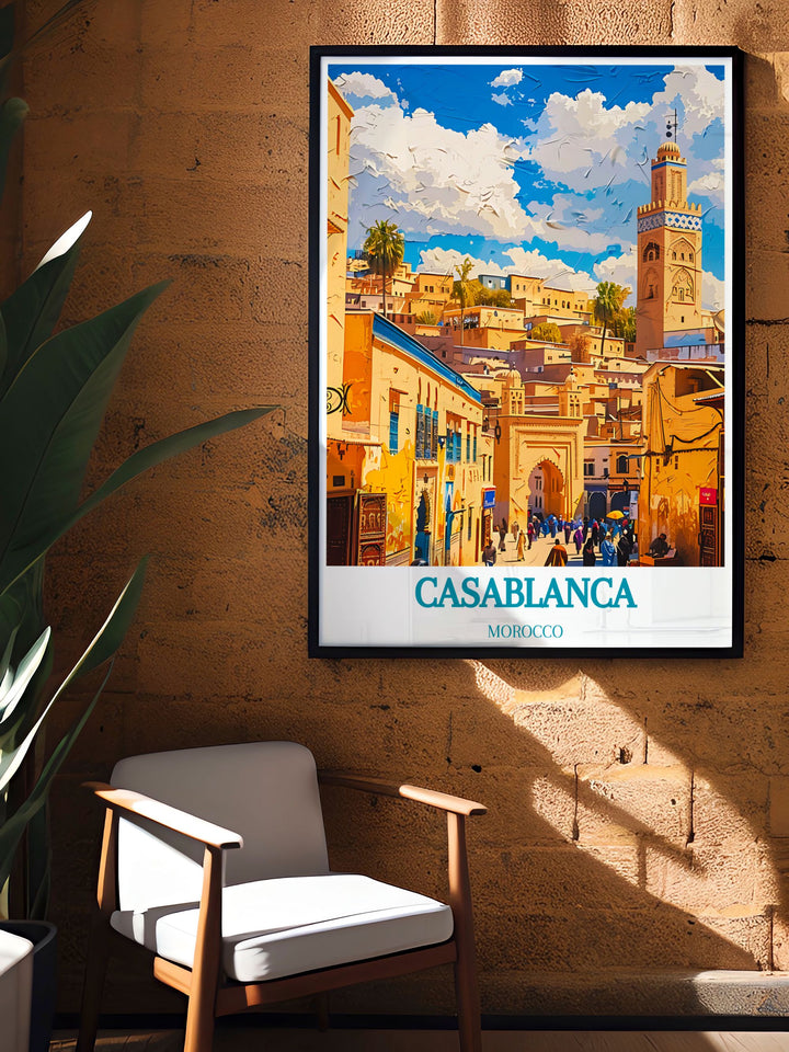 The captivating blend of traditional architecture and lively urban scenes in Casablanca and Old Medina is beautifully illustrated in this poster, making it a stunning addition to any wall art collection celebrating Morocco.