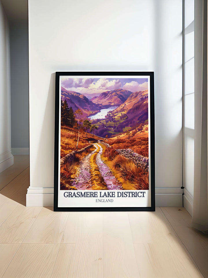 This Grasmere travel print highlights the Coffin Route, a historic walking path through Englands Lake District, alongside the dramatic Helm Crag. Perfect for adding a sense of nature and history to any room.