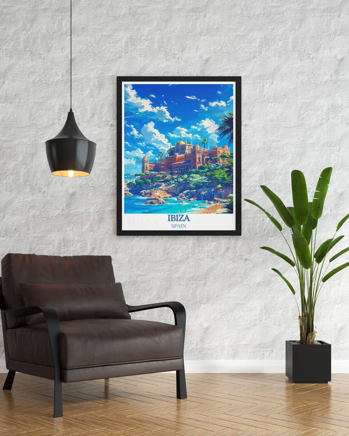O Beach Poster highlighting the lively atmosphere of San Antonio Ibiza and the serene beauty of Cala d Hort Beach an ideal addition to your home decor for a blend of vibrant nightlife and peaceful beach scenes