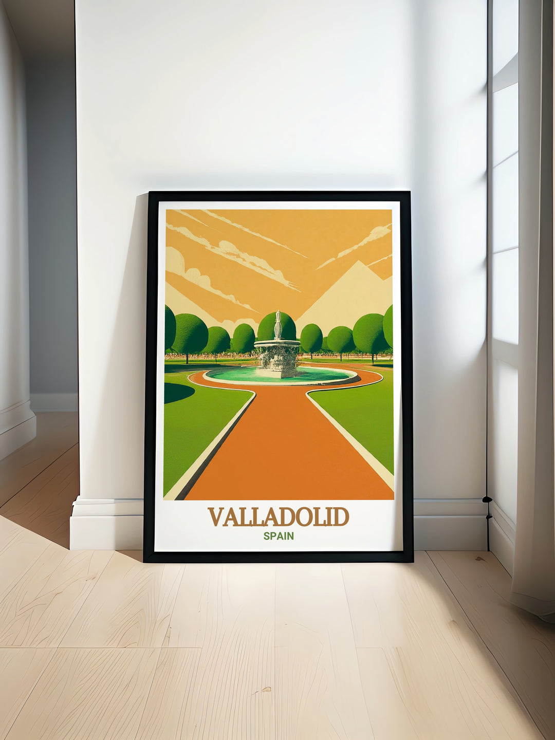 Valladolid Poster Print showcasing the lush greenery and serene environment of Campo Grande Park in Spain. This travel print features the historic beauty of Valladolid, a city with deep cultural roots and picturesque landscapes. Perfect for home décor or as a travel gift, it captures the peacefulness of one of Spains most beloved urban parks.