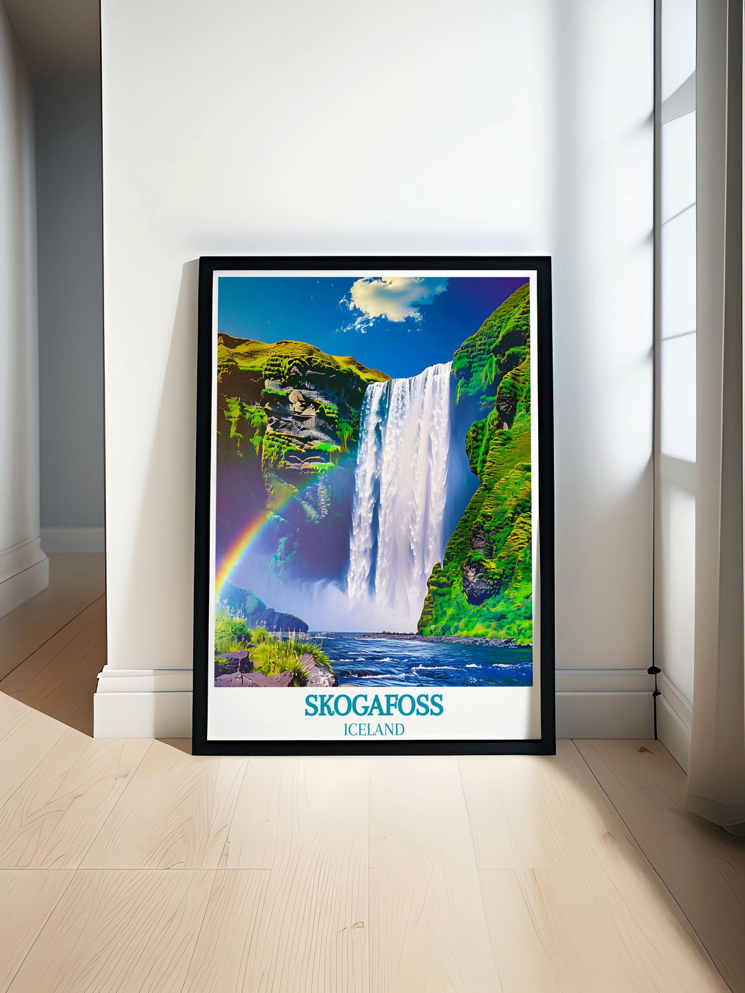 Immerse yourself in the stunning scenery of Skogafoss with this travel poster, featuring the dramatic waterfall and the vibrant arc created by its mist.