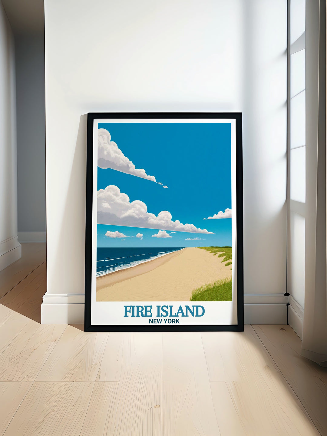 Fire Island poster print captures the peaceful beauty of New Yorks coastal gem, featuring the tranquil shores of Ocean Beach. This travel print brings a touch of Fire Islands serene landscape into your home, making it the perfect gift for beach lovers and those who appreciate nature.