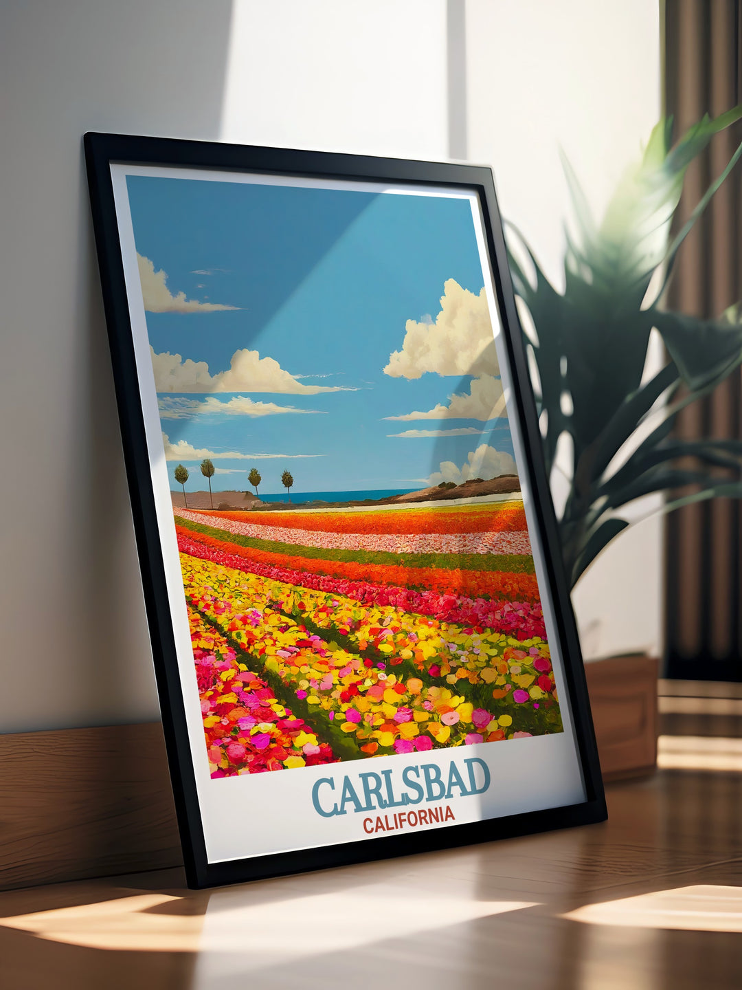 This Carlsbad poster print highlights the vibrant beauty of The Flower Fields at Carlsbad Ranch, showcasing a colorful blend of nature and art. Perfect for home decor, this print brings the essence of Carlsbad, California, into your living space, whether youre a local or a traveler.