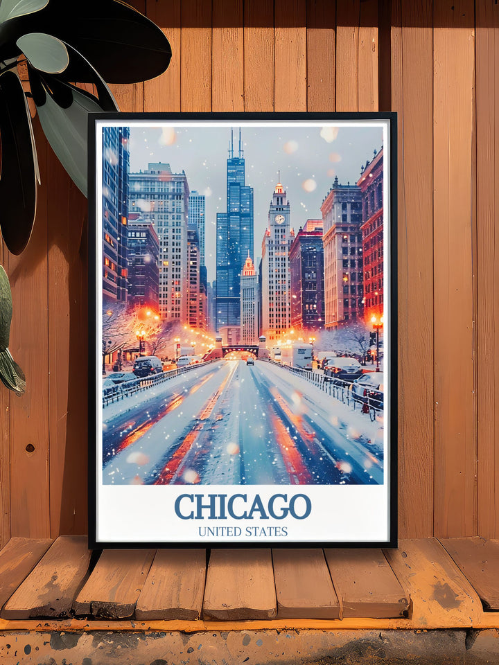 This travel poster of Chicago captures the vibrant atmosphere of the Magnificent Mile, perfect for adding a touch of urban charm to your decor. Featuring Michigan Avenues architectural wonders, this poster brings the modern elegance of Chicago into your home.