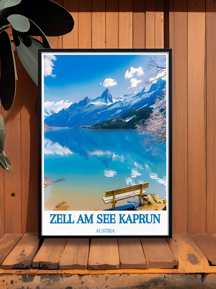 Timeless framed art depicting the scenic landscapes of Zell am See Kaprun. The artwork highlights the regions snow capped peaks, tranquil lake, and vibrant village, offering a perfect blend of adventure and serenity, making it a beautiful addition to any home. The detailed illustration and vibrant colors capture the essence of the Austrian Alps, bringing the serene and picturesque setting of Zell am See Kaprun into your space.