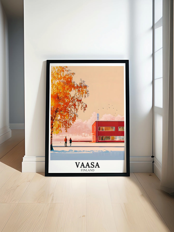 Bring the serene beauty of Vaasa into your home with this Finland travel print. Featuring the famous Vaasa University and the Gulf of Bothnia, this artwork offers a perfect mix of nature and architecture for your wall decor.