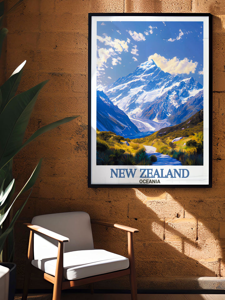 New Zealand national park poster featuring Mount Cook and Akaroa Lighthouse capturing the dramatic beauty of New Zealands iconic landmarks ideal for wall art enthusiasts and travelers who want to showcase their love for New Zealand.