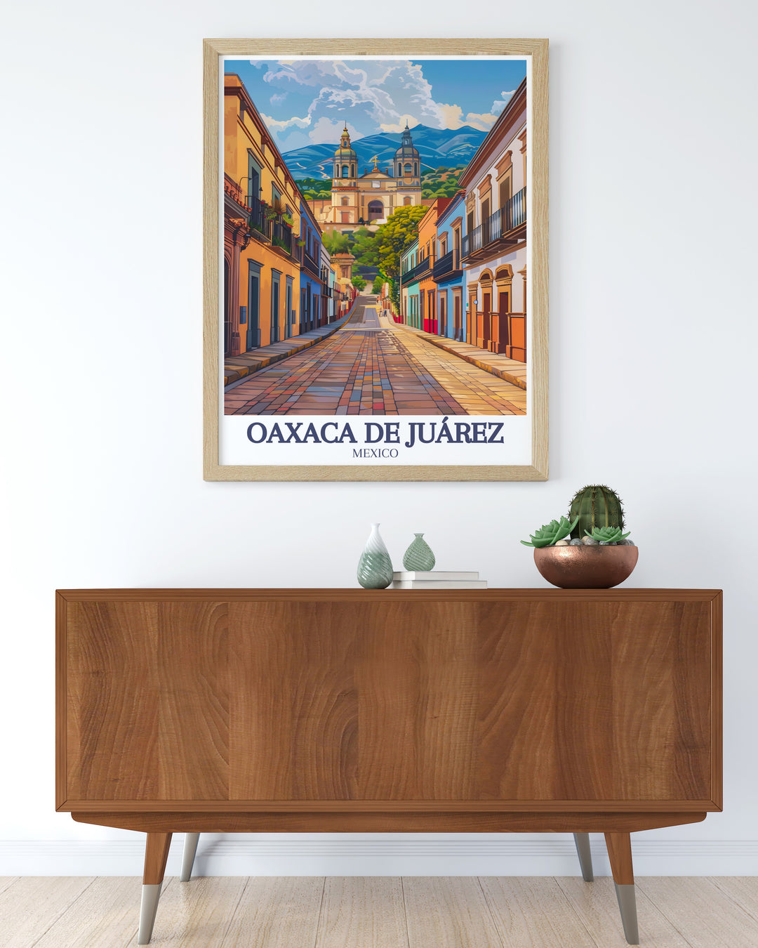 Oaxaca de Juárez comes to life in this vibrant poster featuring Santo Domingo Church and the vibrant pedestrian street of Calle Macedonia Alcalá. With stunning colors and intricate architectural details, this Mexico travel print adds a cultural touch to any space.