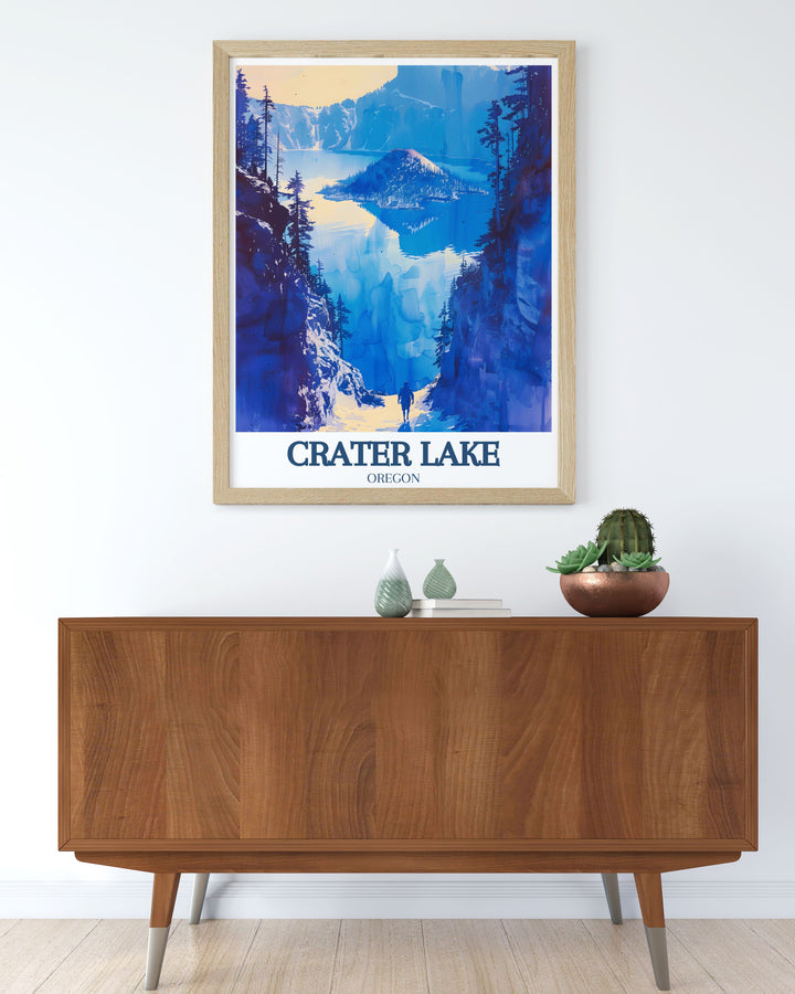 This poster artfully depicts the natural beauty of Crater Lake and the enchanting landscapes of Wizard Island, offering a perfect blend of Oregons landscapes and cultural landmarks for your decor.