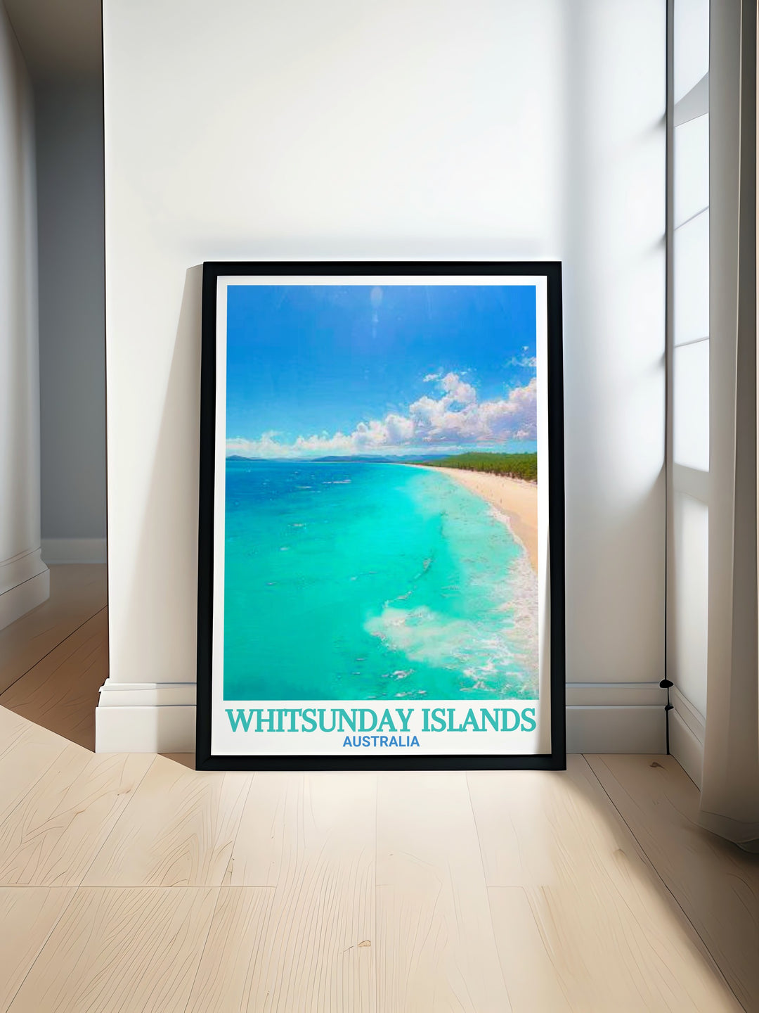 Whitsunday Islands travel print featuring the stunning Whitehaven Beach with its pristine white sand and turquoise waters perfect for nature lover gift and beach wall art ideal for enhancing Australian home decor with a touch of tropical elegance.