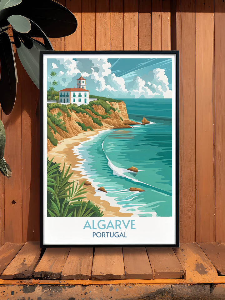Algarve Beaches poster featuring breathtaking views of the Atlantic Ocean and the iconic Algarve coastline. This beautiful wall art is perfect for transforming your living space with a touch of coastal charm.