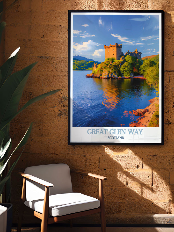 Showcasing the iconic Urquhart Castle on the edge of Loch Ness, this poster captures the fortresss dramatic setting and storied past, making it a captivating piece for any decor.
