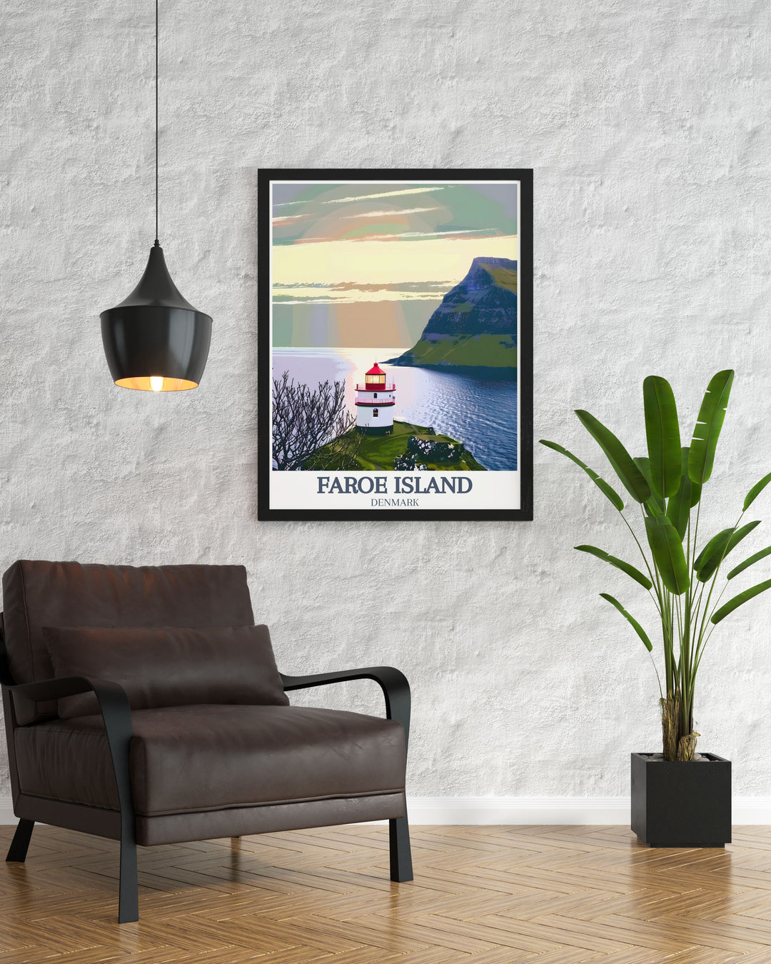 Elegant Faroe Island decor featuring the Atlantic Ocean Kallur Lighthouse. This stunning art print captures the natural beauty of the islands and makes for a perfect travel gift or wall hanging to elevate any home space with minimalist charm.