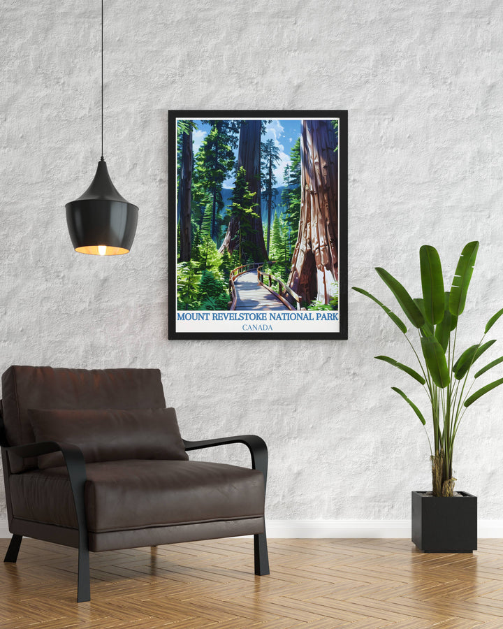 Giant Cedars Boardwalk Trail print captures the serene beauty of Canadas Rocky Mountains. Ideal for those who cherish the charm of Banff National Park and Mount Revelstoke, this artwork adds a touch of retro elegance to any room.