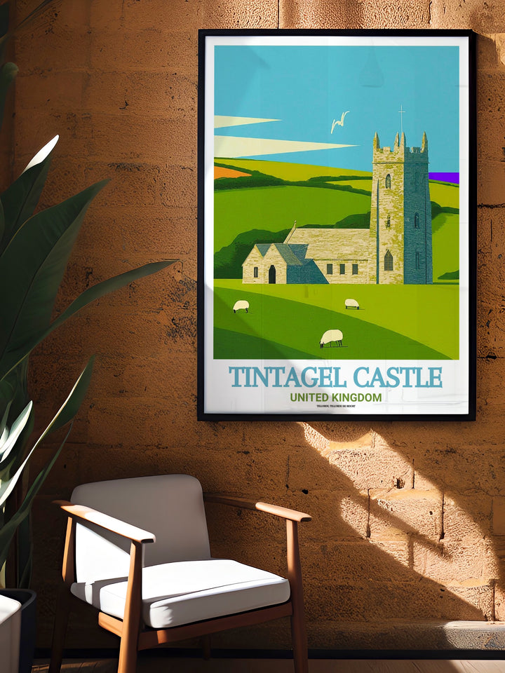 A beautifully detailed poster print of Tintagel Castle and St. Materianas Church in Cornwall, UK. This artwork captures the dramatic cliffs and legendary castle ruins paired with the peaceful charm of the church, offering a perfect blend of history and scenic beauty.