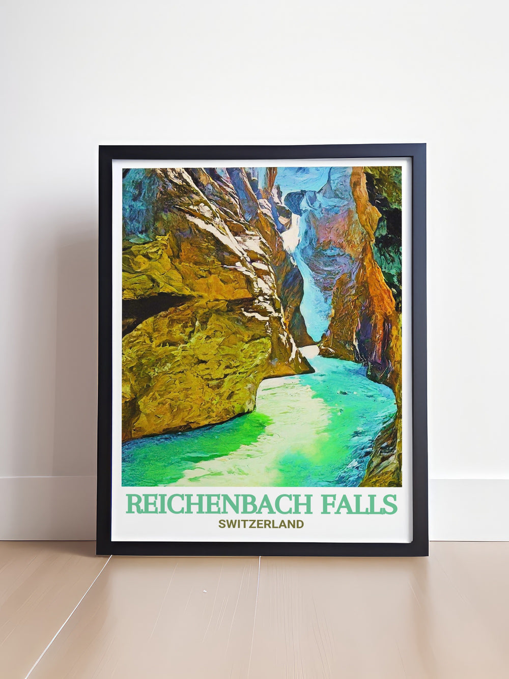 A stunning art print of Reichenbach Falls and Rosenlaui Glacier Gorge in Switzerland, capturing the natural beauty of the alpine scenery. This Switzerland travel poster is ideal for any nature lover or traveler looking to bring a piece of Swiss wilderness into their home as a decorative piece.