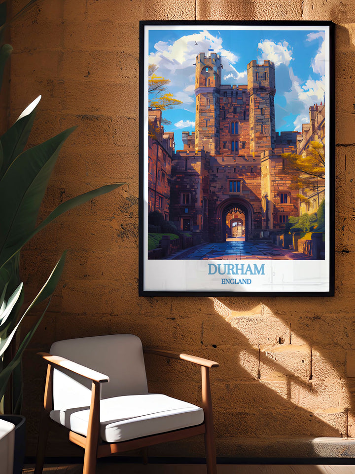 Durhams enchanting cityscape is depicted in this poster, celebrating its historical significance and picturesque views, ideal for adding a touch of English heritage to your home.