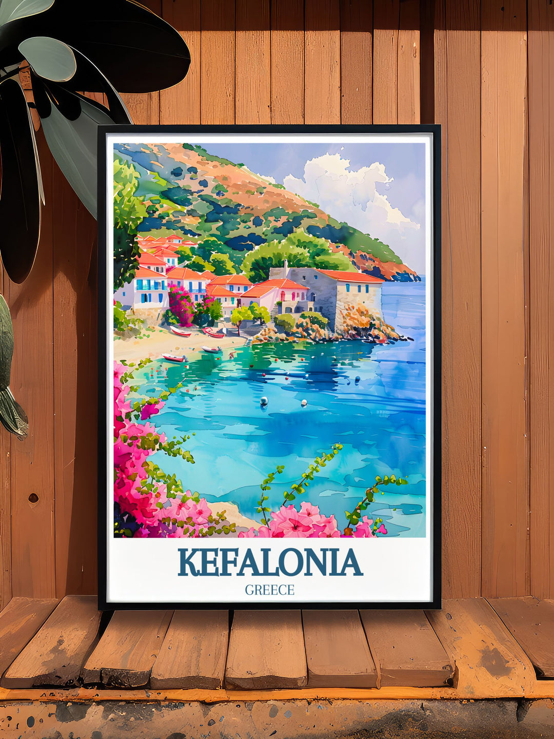 This Kefalonia travel poster beautifully portrays the idyllic charm of Assos Village, showcasing its colorful houses and Venetian fortress perched above the stunning Ionian Sea. Perfect for any space, its a celebration of Greeces natural beauty.