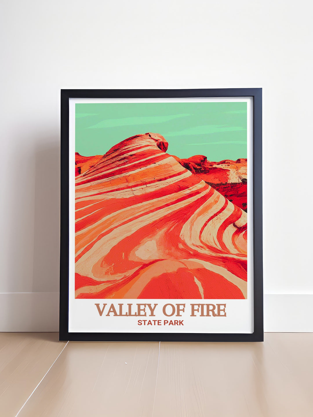 Valley of Fire art print depicting the iconic Fire Wave. The detailed illustration brings out the natural beauty and unique features of this famous landmark, ideal for nature lovers and those who appreciate the wonders of geology.