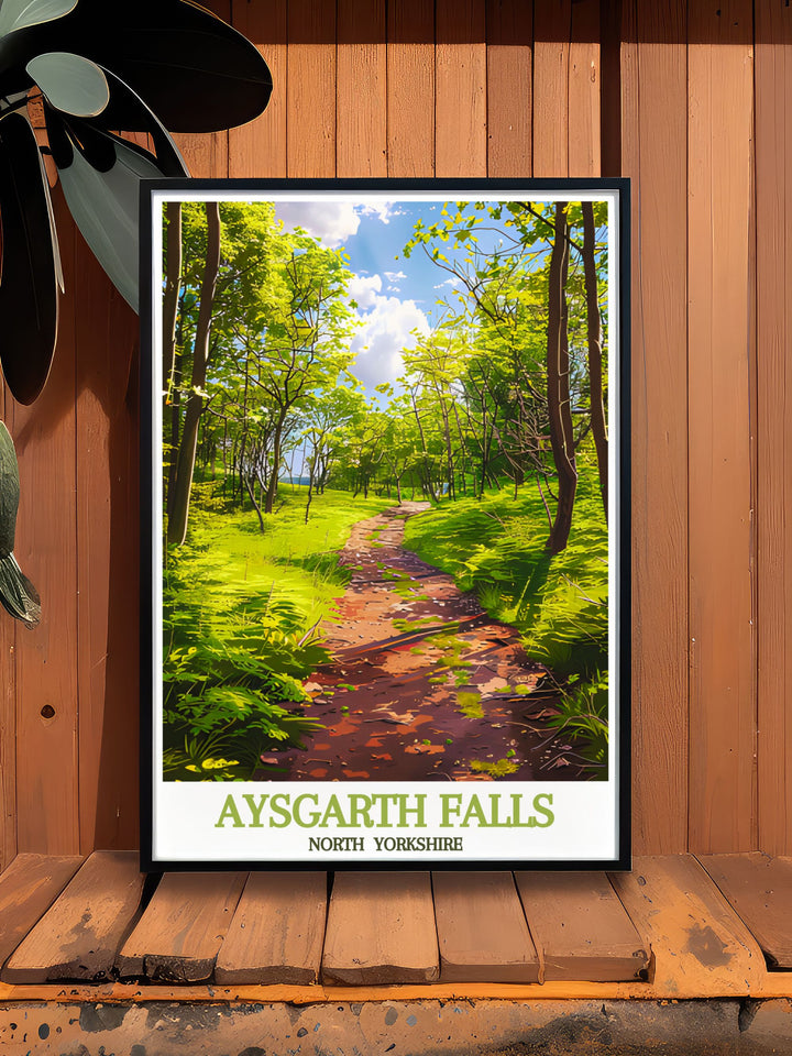 Retro travel poster of woodland trails in North Yorkshire showcasing the picturesque beauty of the Yorkshire Dales National Park perfect for adding a touch of elegance to your home.