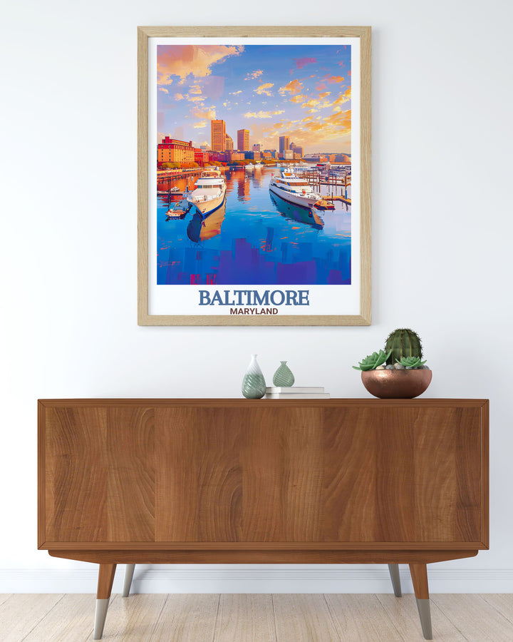 Black and white Inner Harbor travel poster showcasing the citys iconic landmarks and streets an exquisite art print that enhances your home decor with its timeless beauty and sophisticated design perfect for any art collection
