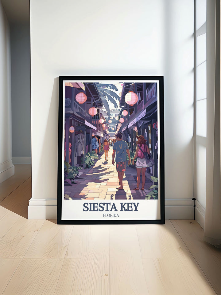 Siesta Key Village Ocean Boulevard modern print featuring vibrant and detailed imagery of Floridas picturesque coastal streets ideal for adding a touch of coastal elegance to your home decor and enhancing your living space with stunning Florida wall art.