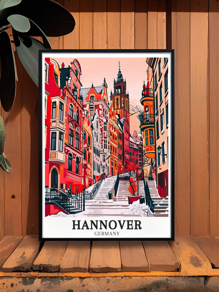 Custom print of Schmiedestraße in Hannover Germany highlighting the lively spirit of this central street with its blend of modern amenities and historical significance perfect for enhancing your home decor with a piece of urban vibrancy