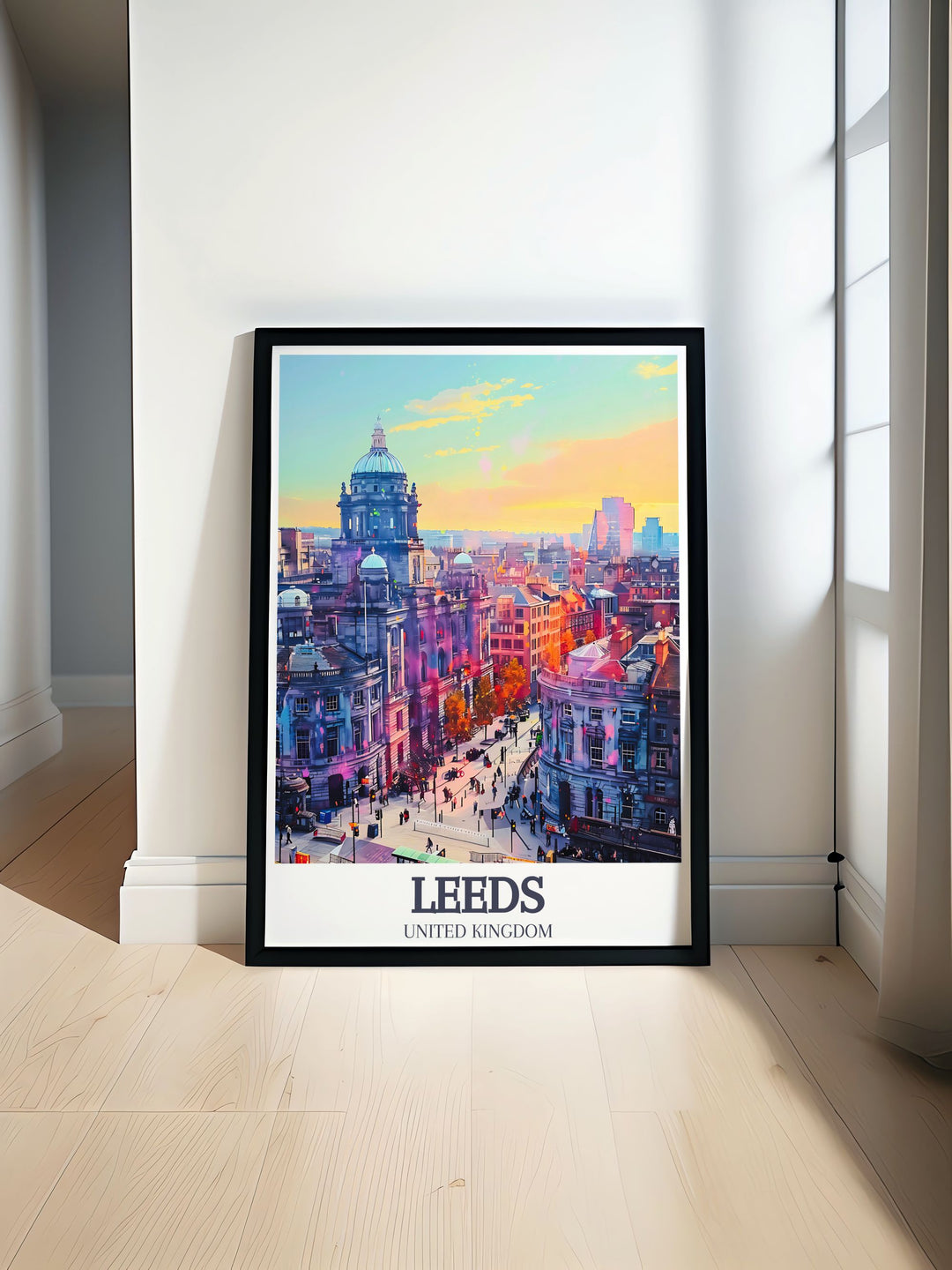 Leeds Corn Exchange and Briggate High Street art print capturing the vibrant architecture and bustling streets of Leeds. Ideal for England travel enthusiasts and those seeking unique England wall decor and Leeds Corn Exchange gifts for special occasions.