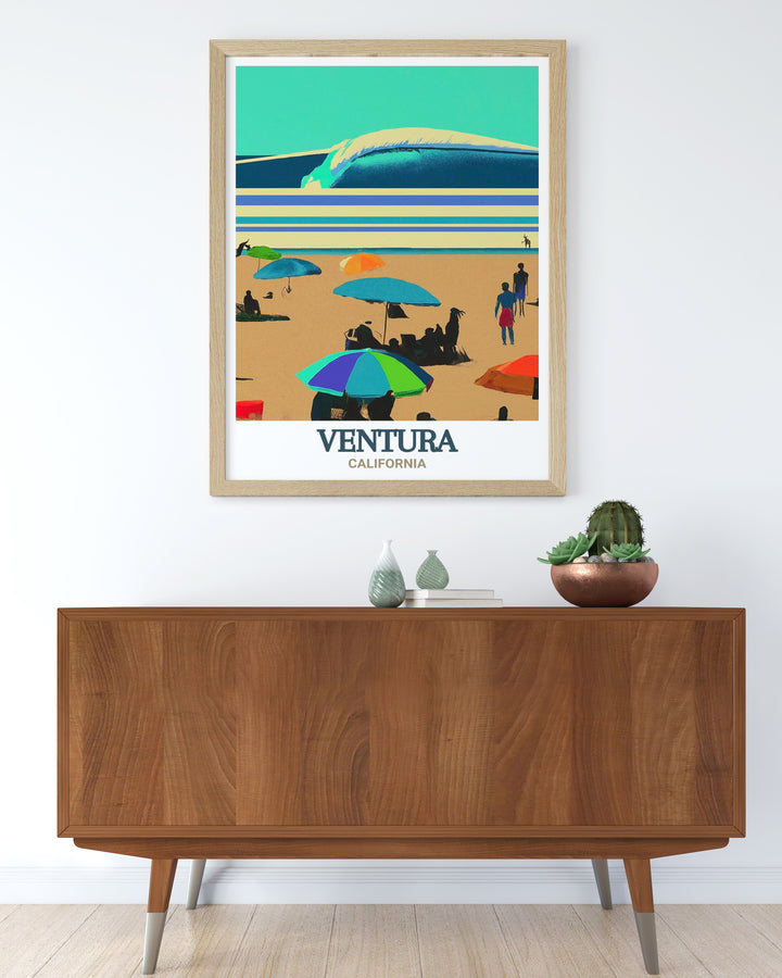 A beautifully detailed matted art print featuring Surfers Point at Seaside Park in Ventura, California. The fine line black and white design highlights the movement of the waves and the energy of the surfers, making it a striking addition to any space. The inclusion of Ventura Countys street map adds depth and context to the piece.