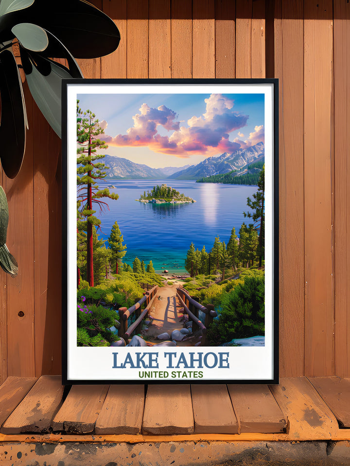 Lake Tahoe and Emerald Bay come together in this beautiful travel print, showcasing the unique combination of tranquil waters and dramatic landscapes. This artwork brings the peaceful vibe of the Sierra Nevada mountains into your living space, perfect for those who love coastal and nature inspired decor.