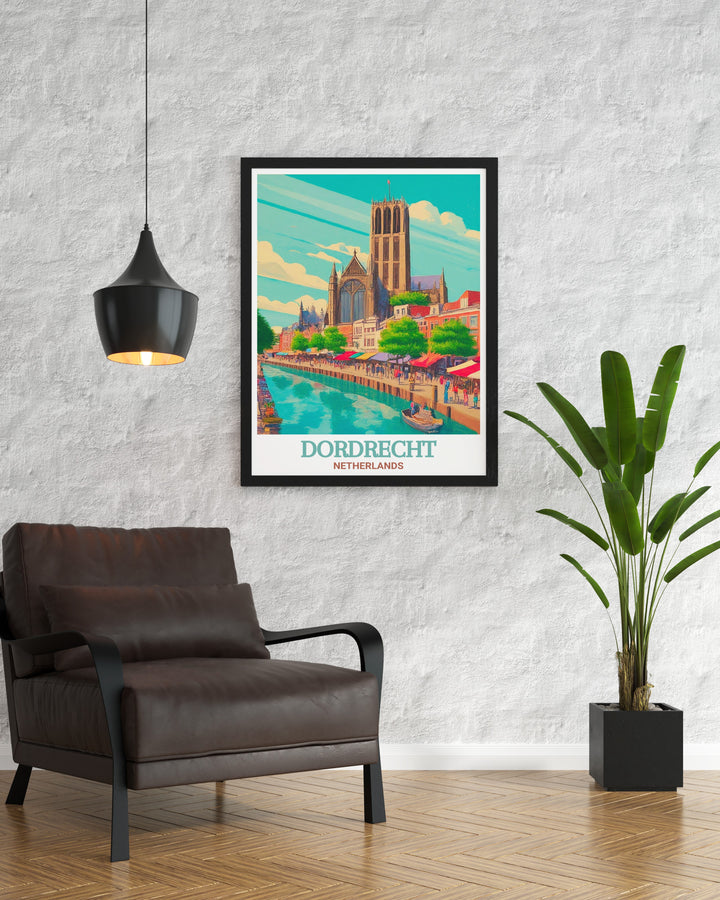 Dordrecht travel print capturing the majestic beauty of Grote Kerk, a symbol of the citys rich history. This detailed wall art brings the Gothic architecture of the church into your home, ideal for those who appreciate European landmarks and the cultural heritage of the Netherlands.