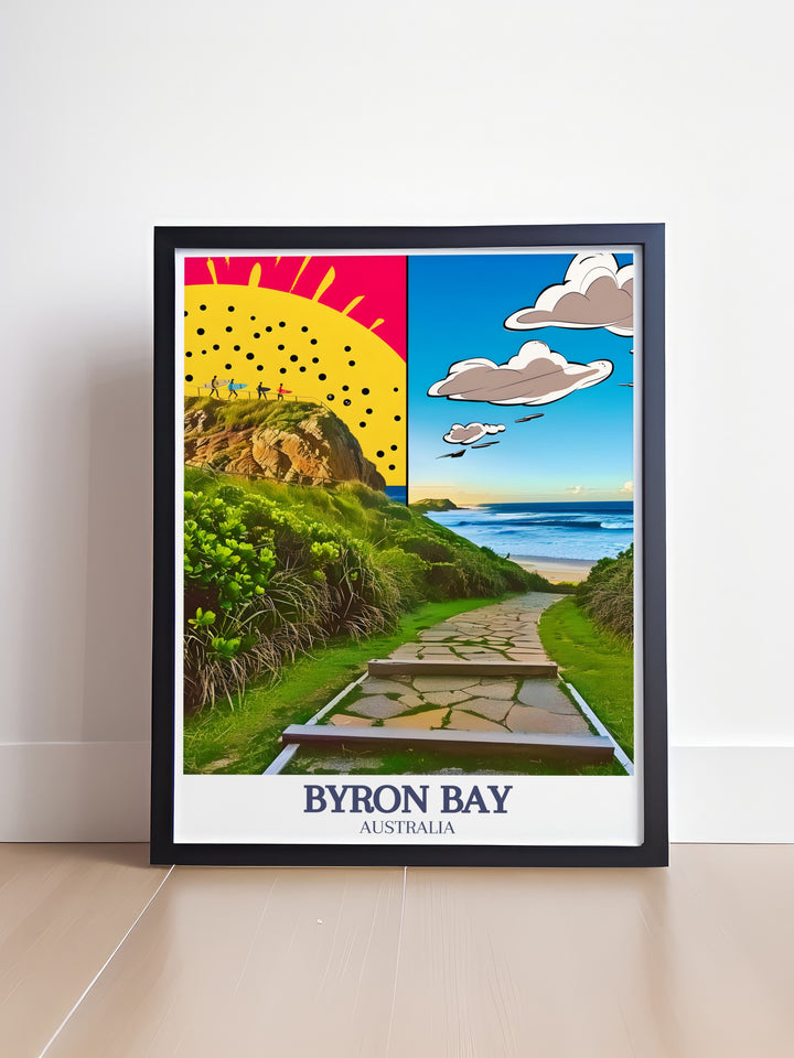 Colorful Byron Bay Wall Art showcasing Cape Byron Walking Track and Byron beach. Ideal for living rooms or offices, this fine line print brings the charm and vibrancy of Byron Bay into your space with its detailed and eye catching design.