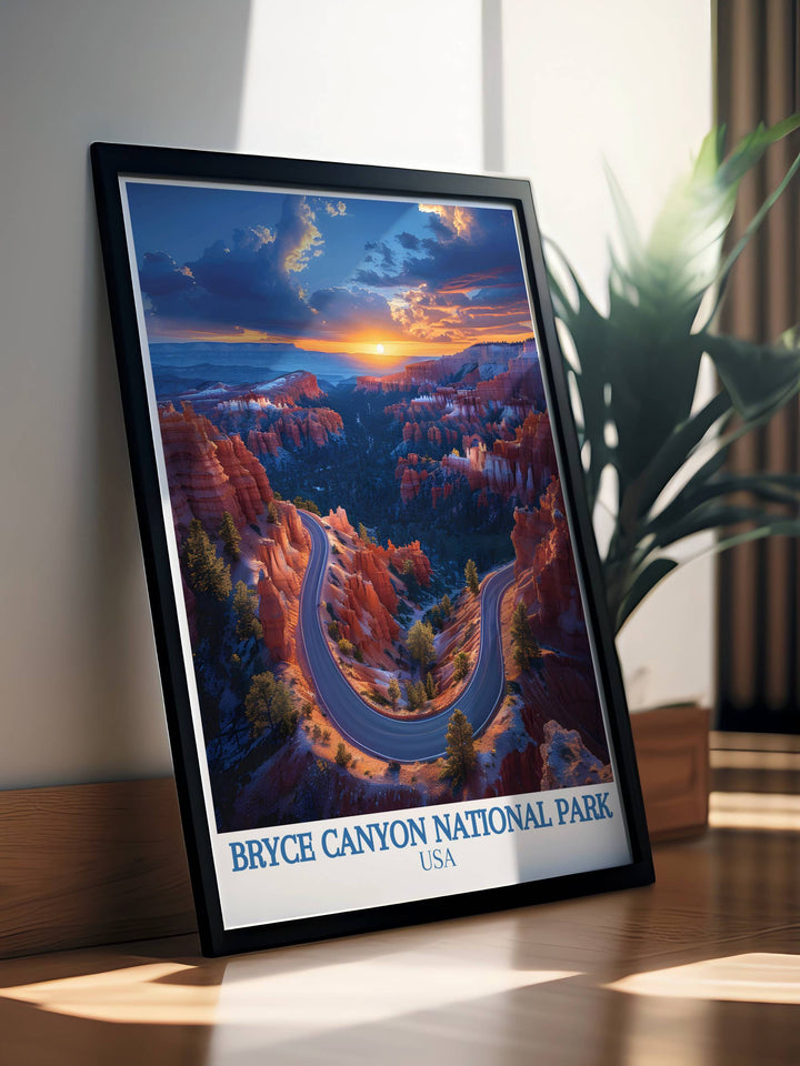 Sunset Point travel poster featuring the breathtaking landscapes of Bryce Canyon. Perfect for home decor or as a thoughtful gift for outdoor enthusiasts. High quality print with vibrant colors and detailed imagery