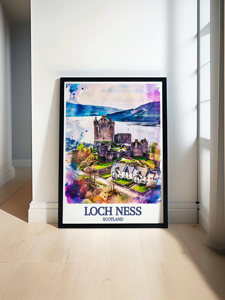 Loch Ness Drumnadrochit wall art featuring the stunning landscapes of Scotland. Add this beautiful print to your living room or office decor and bring a touch of the Scottish Highlands into your home with this elegant and timeless art piece.