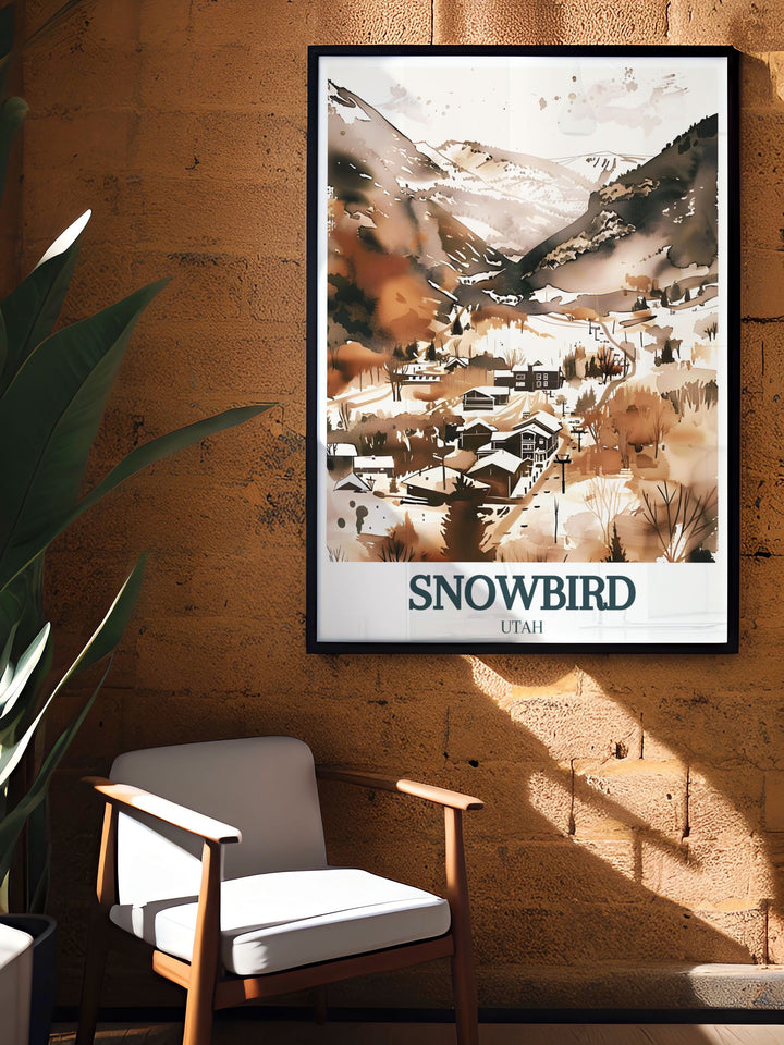 Hidden Peak and Cliff Lodge modern art print featuring a captivating snow covered landscape of Park City Utah. The artwork brings out the elegant beauty of Hidden Peak and Cliff Lodge, offering a classic touch to your home decor.