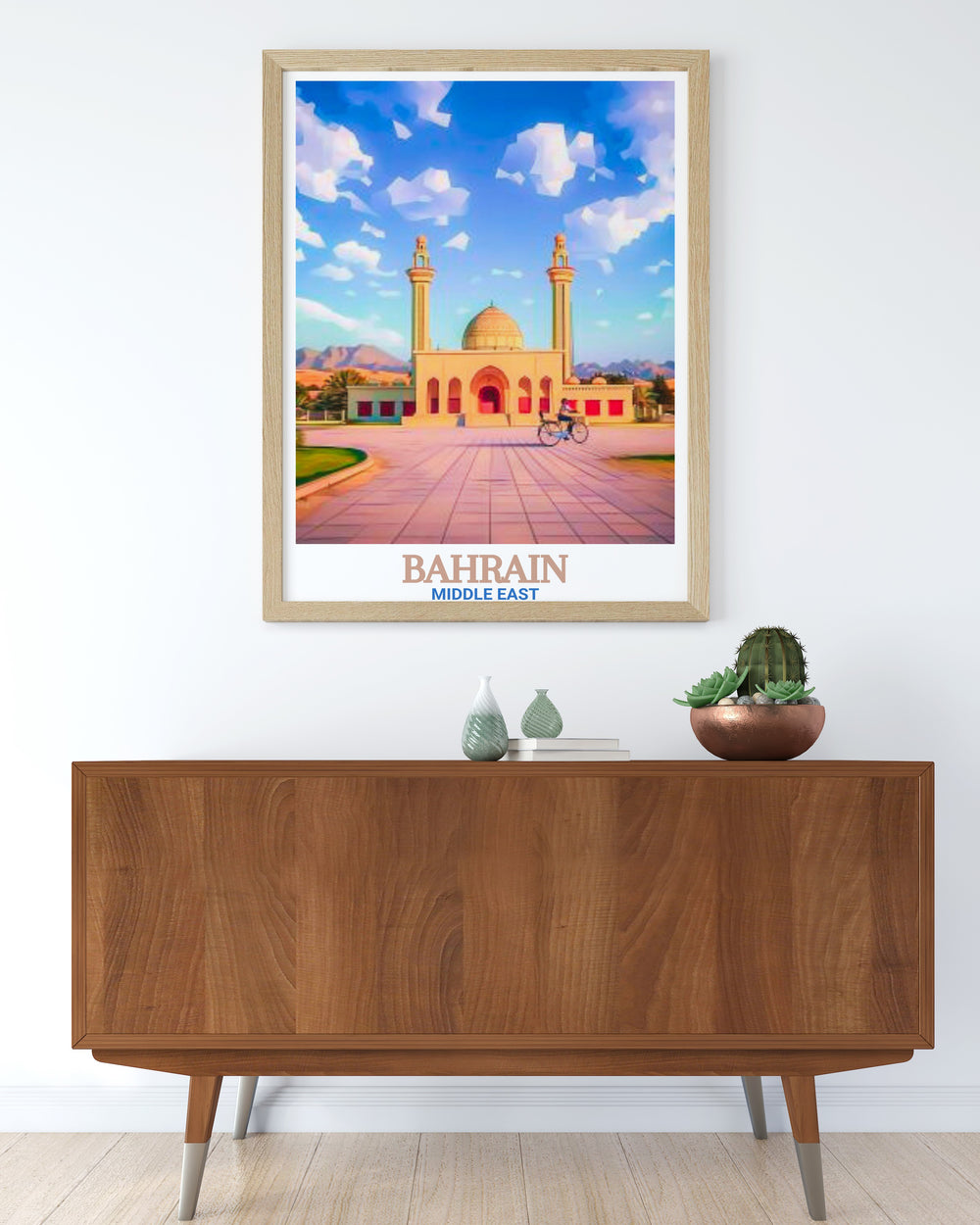 Beautiful Bahrain Poster showcasing Al Fateh Grand Mosque with exquisite detail ideal for wall hanging or as a gift that celebrates the cultural richness and architectural marvels of Bahrain.