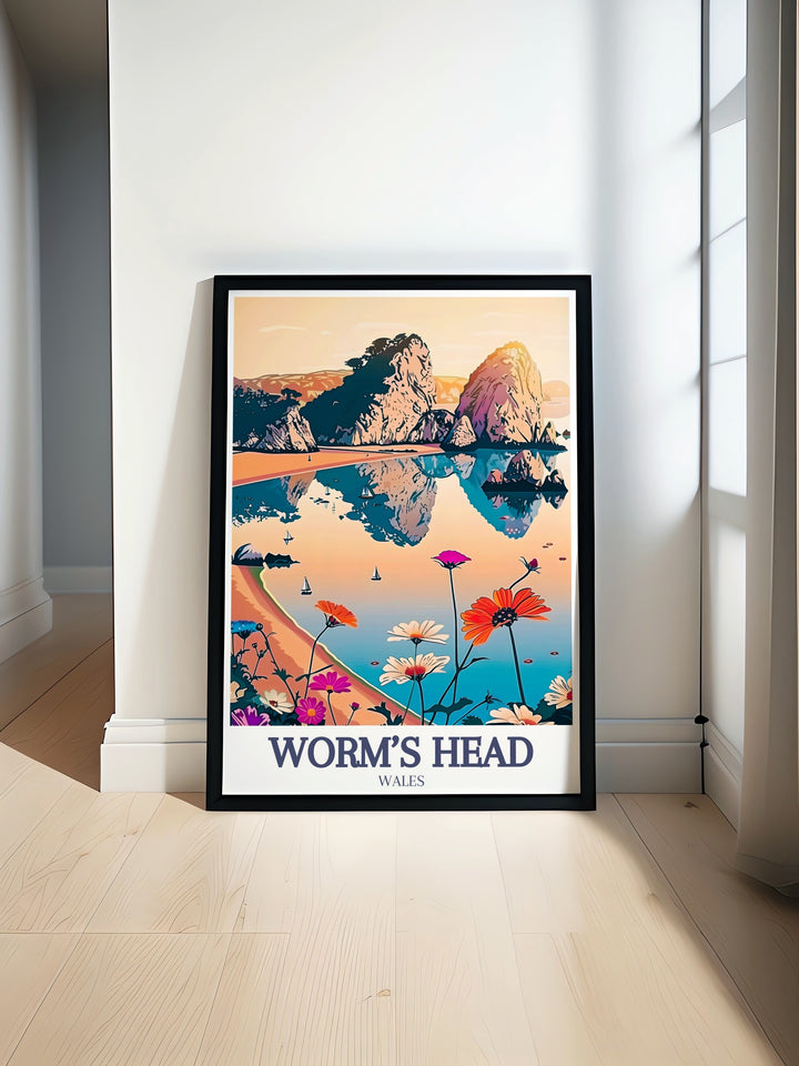 Three Cliffs Bay Poster Print showcases the iconic cliffs and the peaceful coastline of Wales Gower Peninsula. This travel print is perfect for anyone who loves the beauty of nature and offers a stunning view of the UKs coastal treasures.