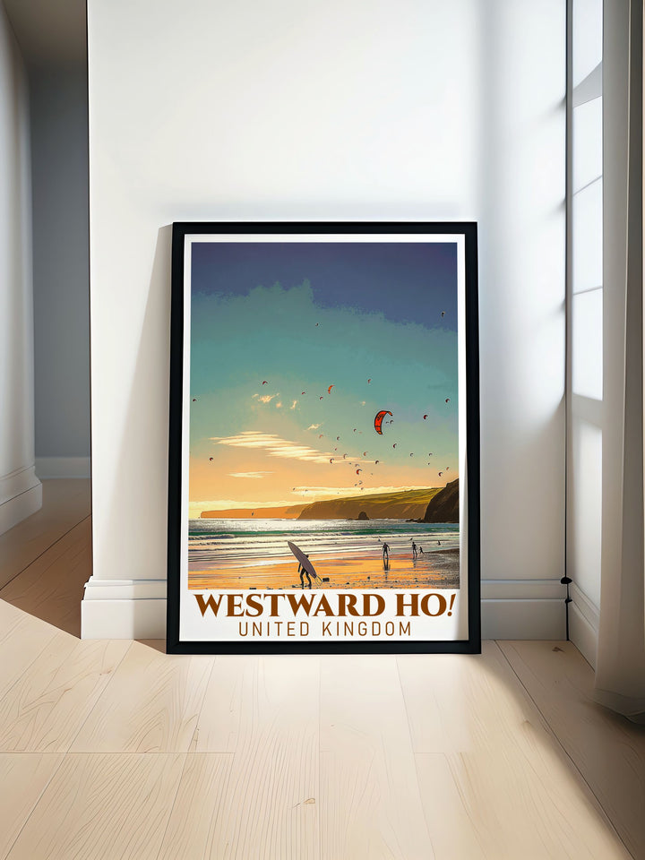 Golden Sands Beach modern art brings the serene beauty of Devon into your home perfect for coastal living and wall decor featuring stunning prints of Westward Ho beach a wonderful travel poster gift for beach lovers and elegant home decor enthusiasts