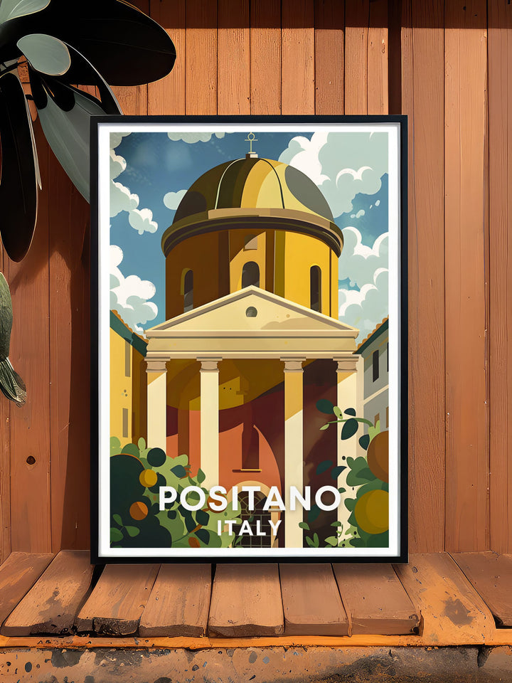 Spiaggia Grande home decor featuring the Chiesa di Santa Maria Assunta in Positano a perfect addition to any wall art collection ideal for those who appreciate fine art and the beauty of the Amalfi Coast vibrant and timeless Italian prints