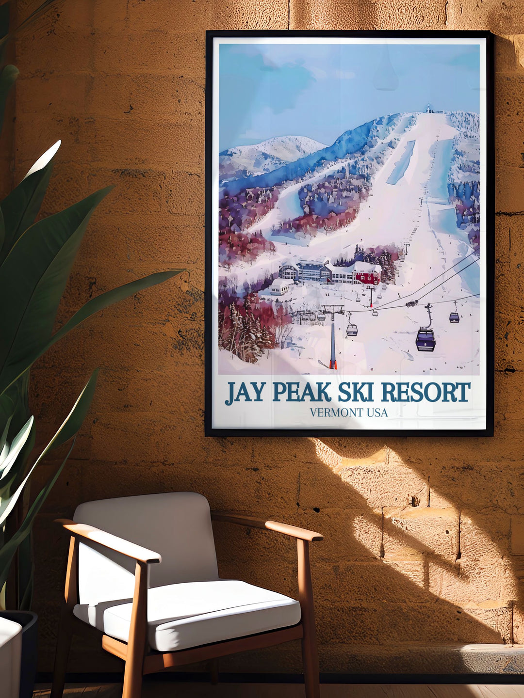 Poster highlighting Jay Peaks year round attractions, including skiing, hiking, and the indoor water park, adding a touch of adventure to your room.