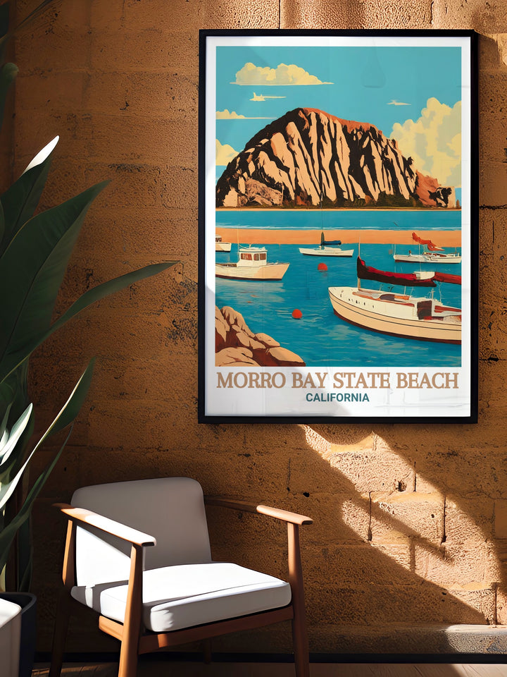 This Morro Bay travel poster showcases the picturesque Morro Bay State Beach and the dynamic energy of Morro Bay Harbor. Whether as a gift or a personal keepsake, this print adds a touch of Californias coastal charm to any space.