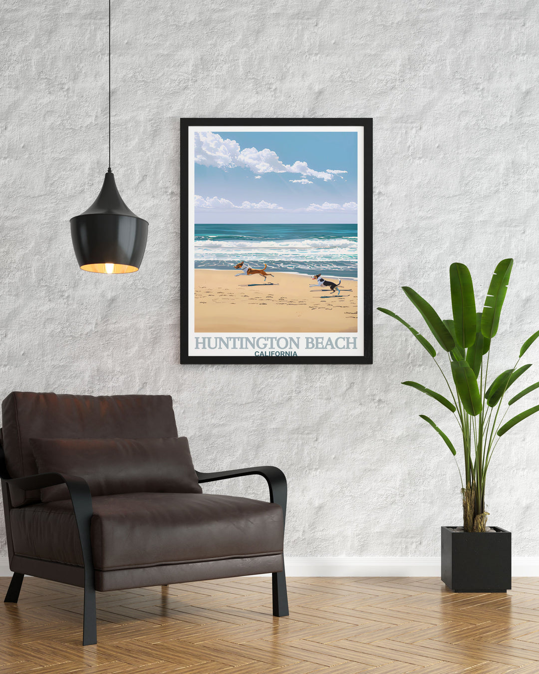 Add a piece of Californias coast to your décor with this vintage style poster of Huntington Beach and Huntington Dog Beach. Featuring the famous pier, its a beautiful addition to any space and makes for a thoughtful gift.