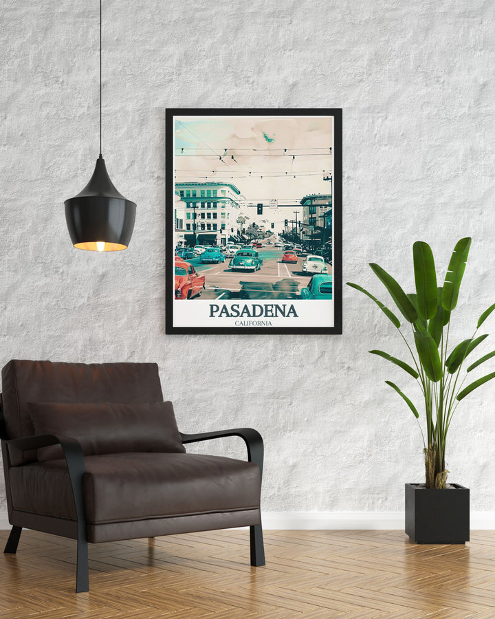 Pasadena decor featuring a fine line print of Old Pasadena, Colorado Boulevard. Ideal for enhancing your home with beautiful and meaningful art that reflects the citys charm