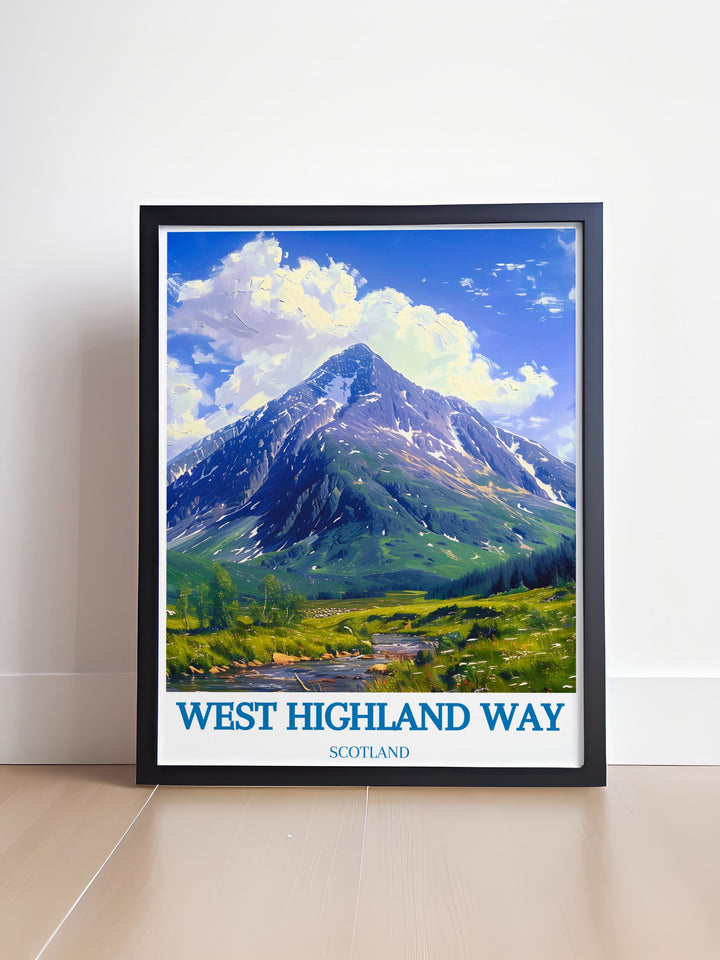 Stunning West Highland Way Art featuring Buachaille Etive Mor in Glencoe Scotland. This National Park Print is perfect for those who love Scotlands great trails and makes a thoughtful gift for anyone who enjoys the rugged beauty of the Scottish Highlands.