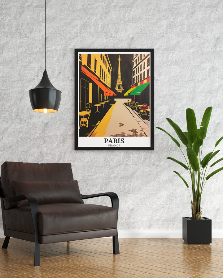 Beautiful Paris Decor print featuring The Eiffel Tower and Parisian streets. This vibrant wall art adds a splash of color to any room and makes a perfect personalized gift.