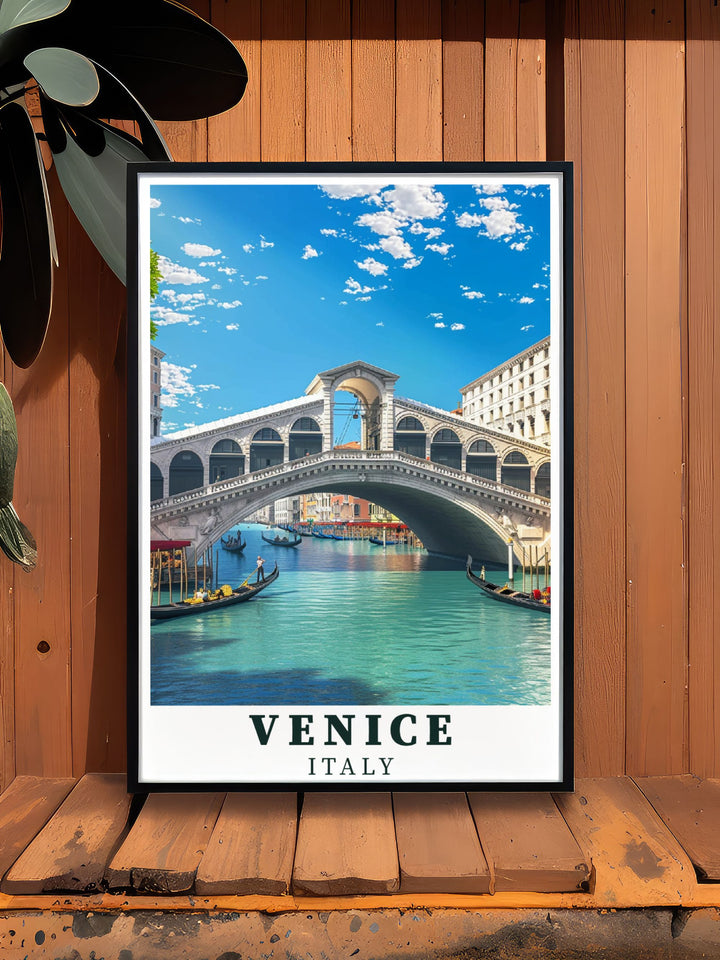 Venice travel poster highlighting the Rialto Bridge and detailed city scenes perfect for adding a cultural touch to your home or office decor