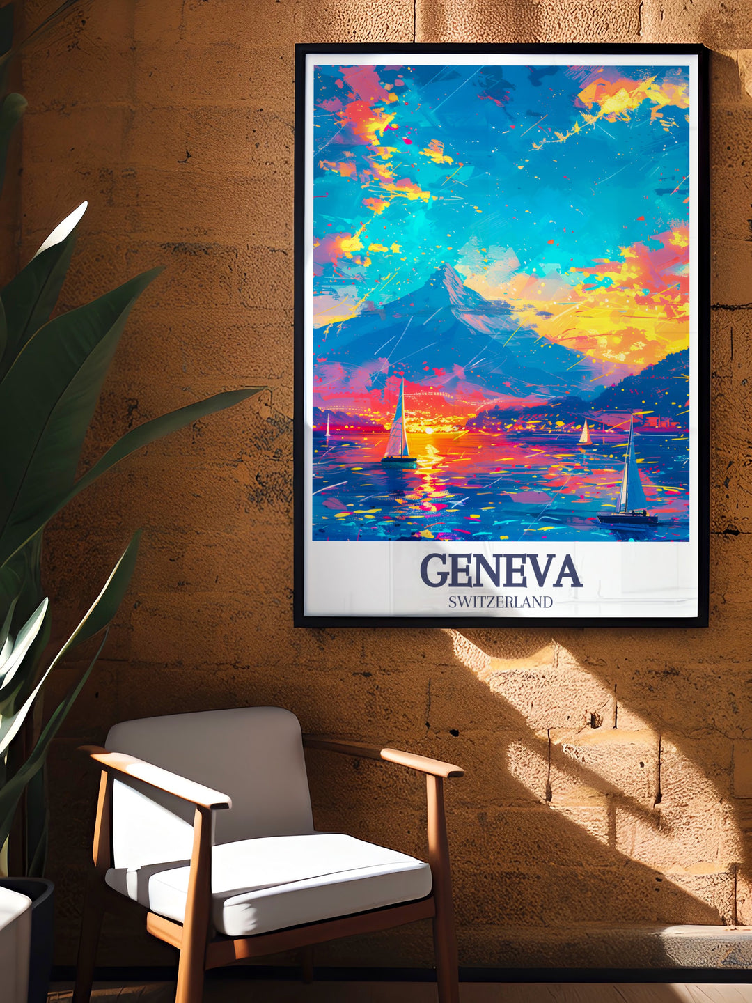 Mont Blanc and Lake Geneva come together in this stunning Switzerland poster, offering a picturesque view of Genevas serene landscape. Perfect for decorating a living room or office, this travel print is a timeless tribute to the beauty of the Swiss Alps.